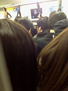 This is a picture I took on the train on the Keio line between Tokyo and Shinjuku stations on a Friday at 5 p.m. Believe it or not, at the next stop the train got even more packed. This was cozy compared to what came next.